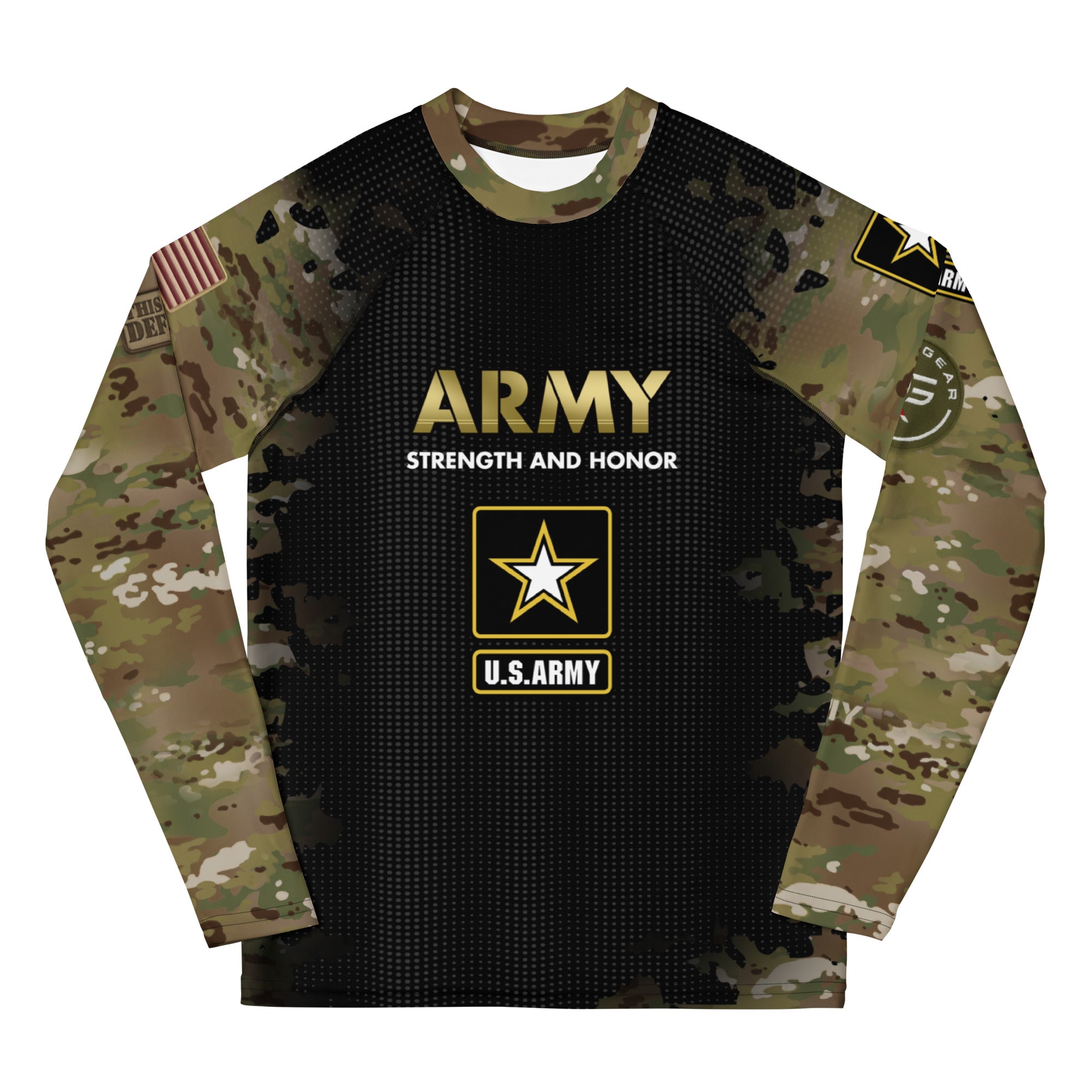 Roll Gear Youth Army Long Sleeve Rash Guard, front view.