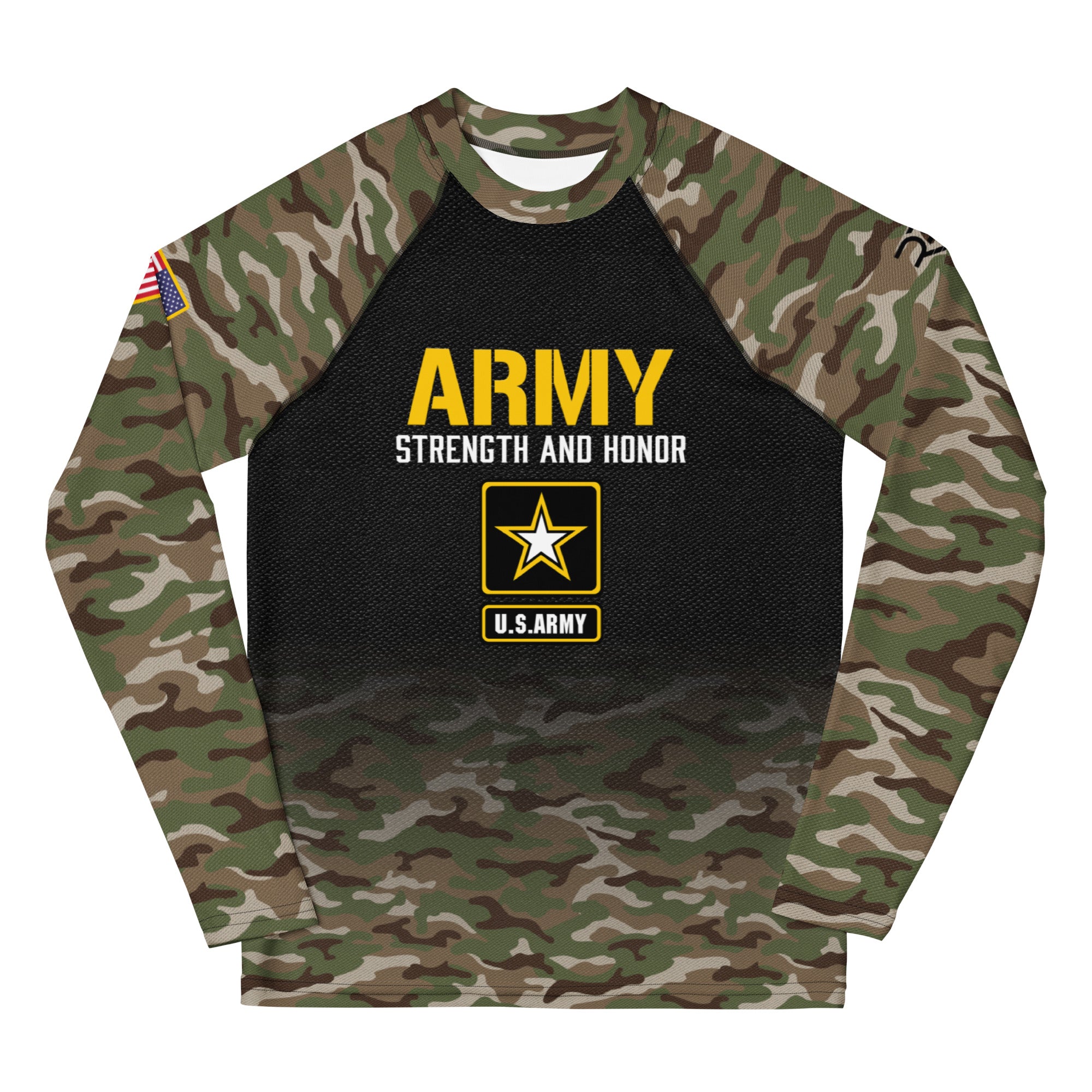 Roll Gear Youth Army Classic Long Sleeve Rash Guard, front view.