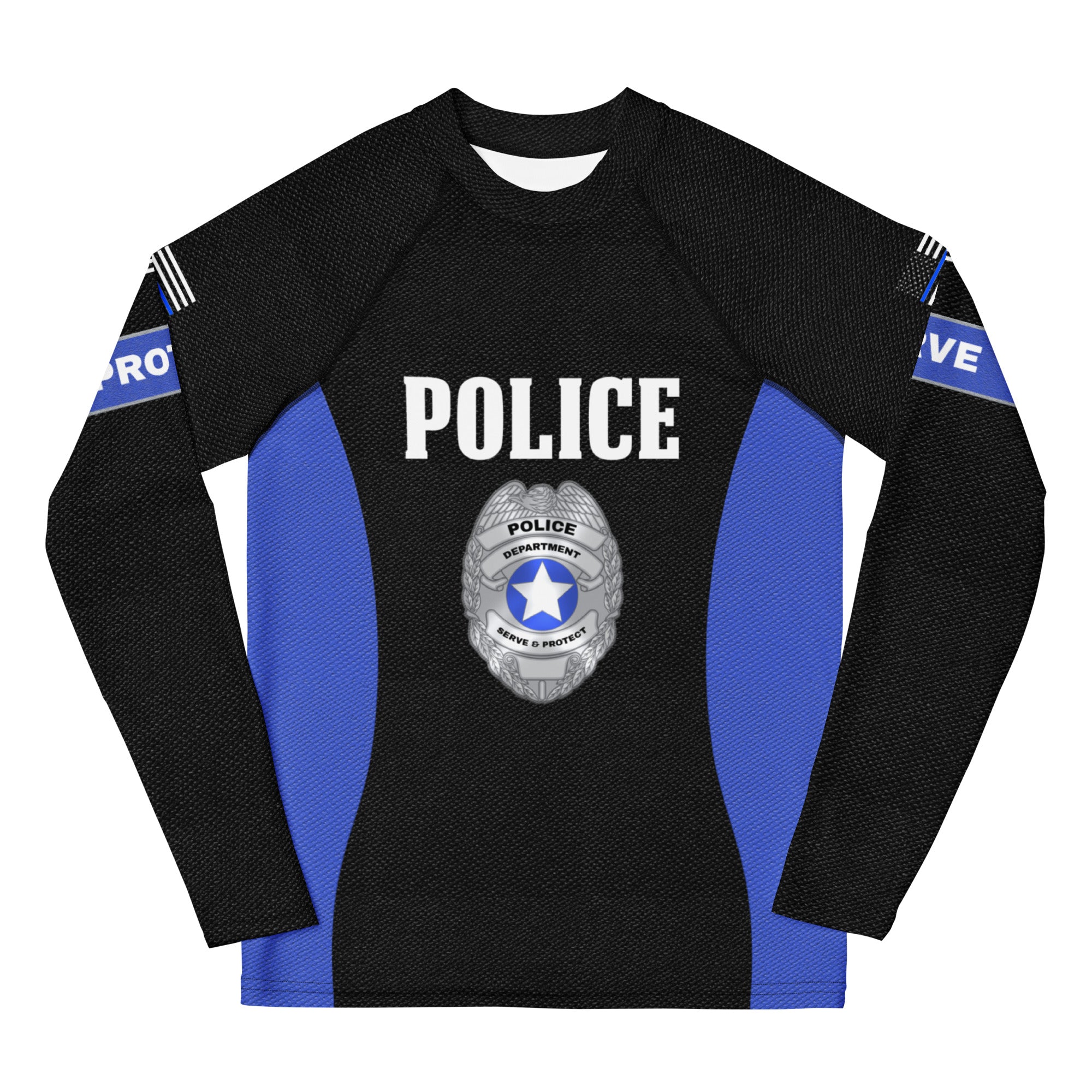 Roll Gear Youth Police Edition Long Sleeve Rash Guard - Thin Blue Line, front view.
