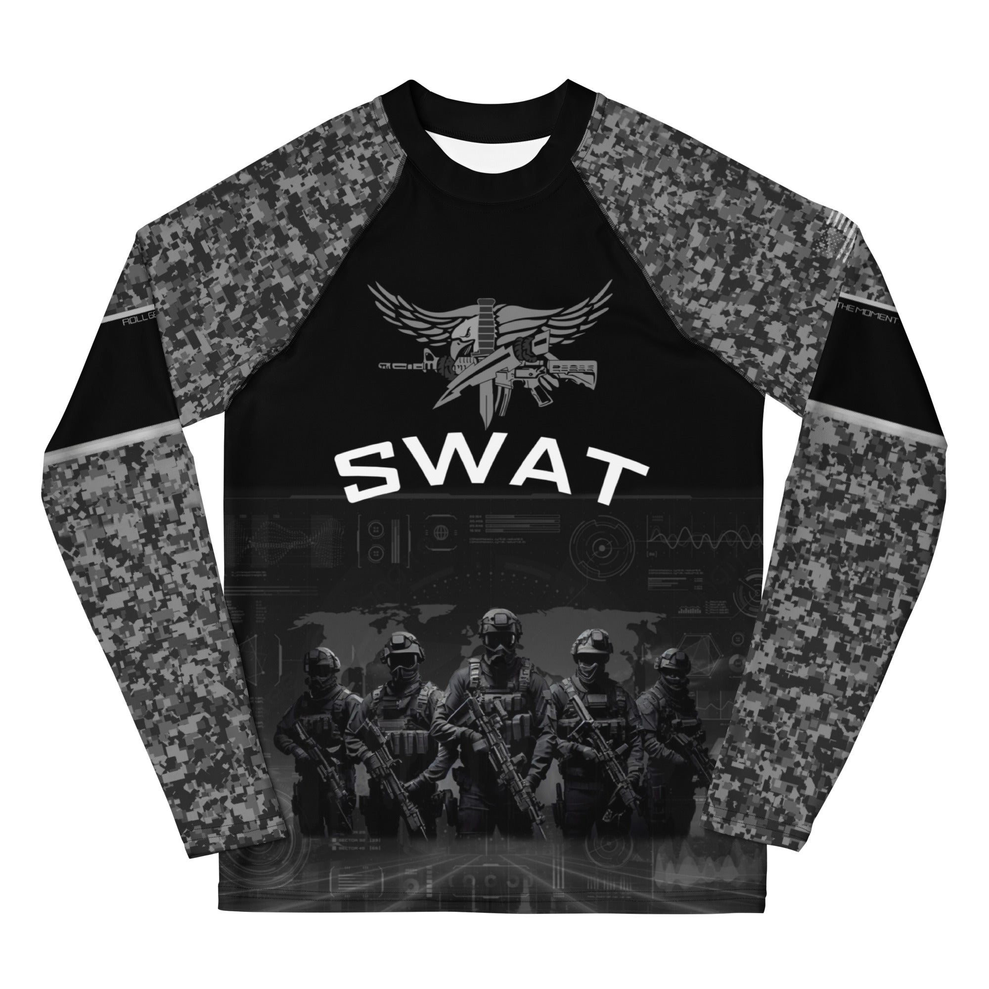 Roll Gear Youth SWAT Edition Short Sleeve Rash Guard – Black & Urban Camo, front view, all-over print.