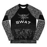Roll Gear Youth SWAT Edition Short Sleeve Rash Guard – Black & Urban Camo, front view, all-over print.