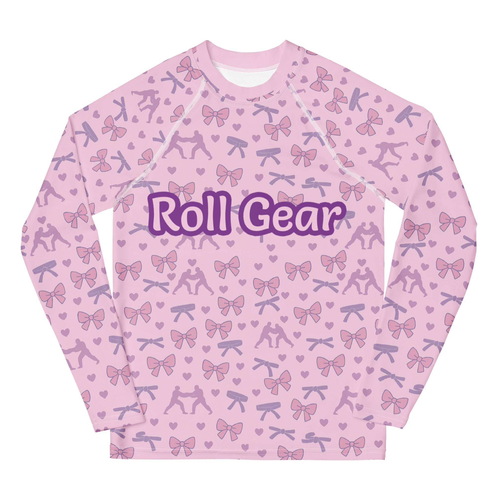 Roll Gear Girls Bow Rash Guard – Pink – Youth, front view, all-over print.