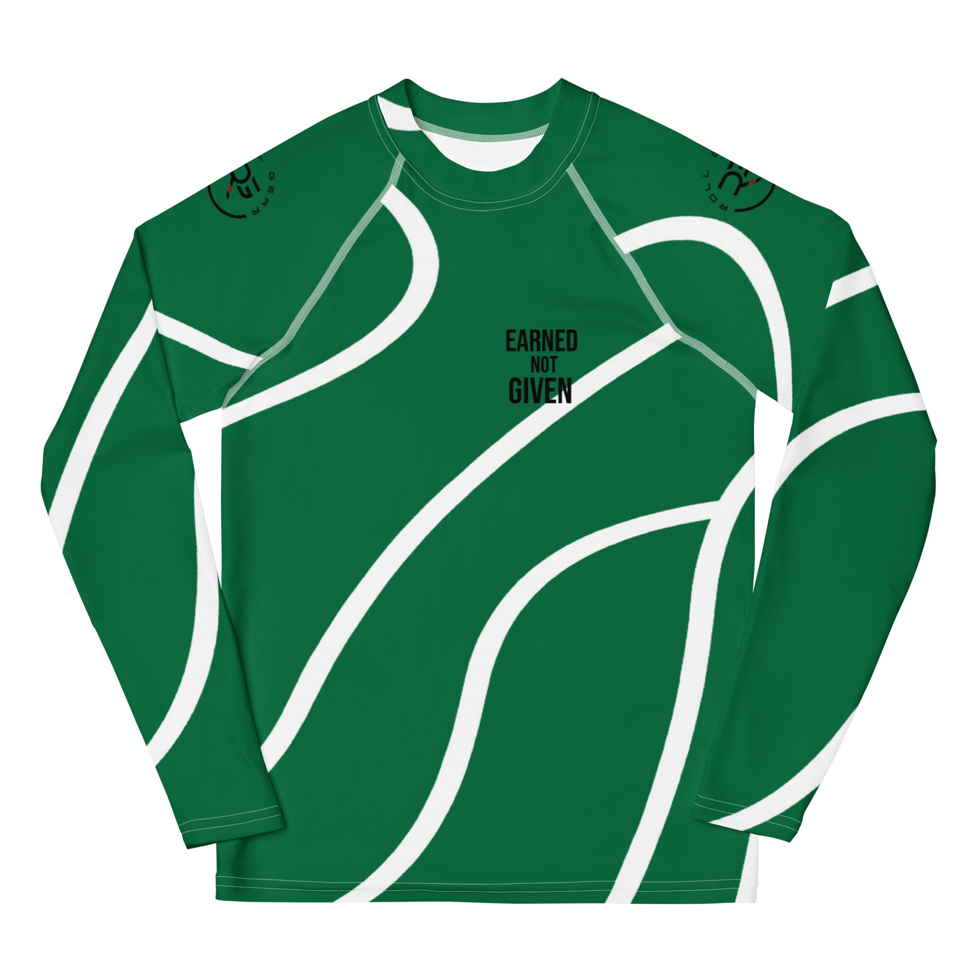 Roll Gear Green Swirl Rash Guard – Green/White – Youth, front view, all-over print.