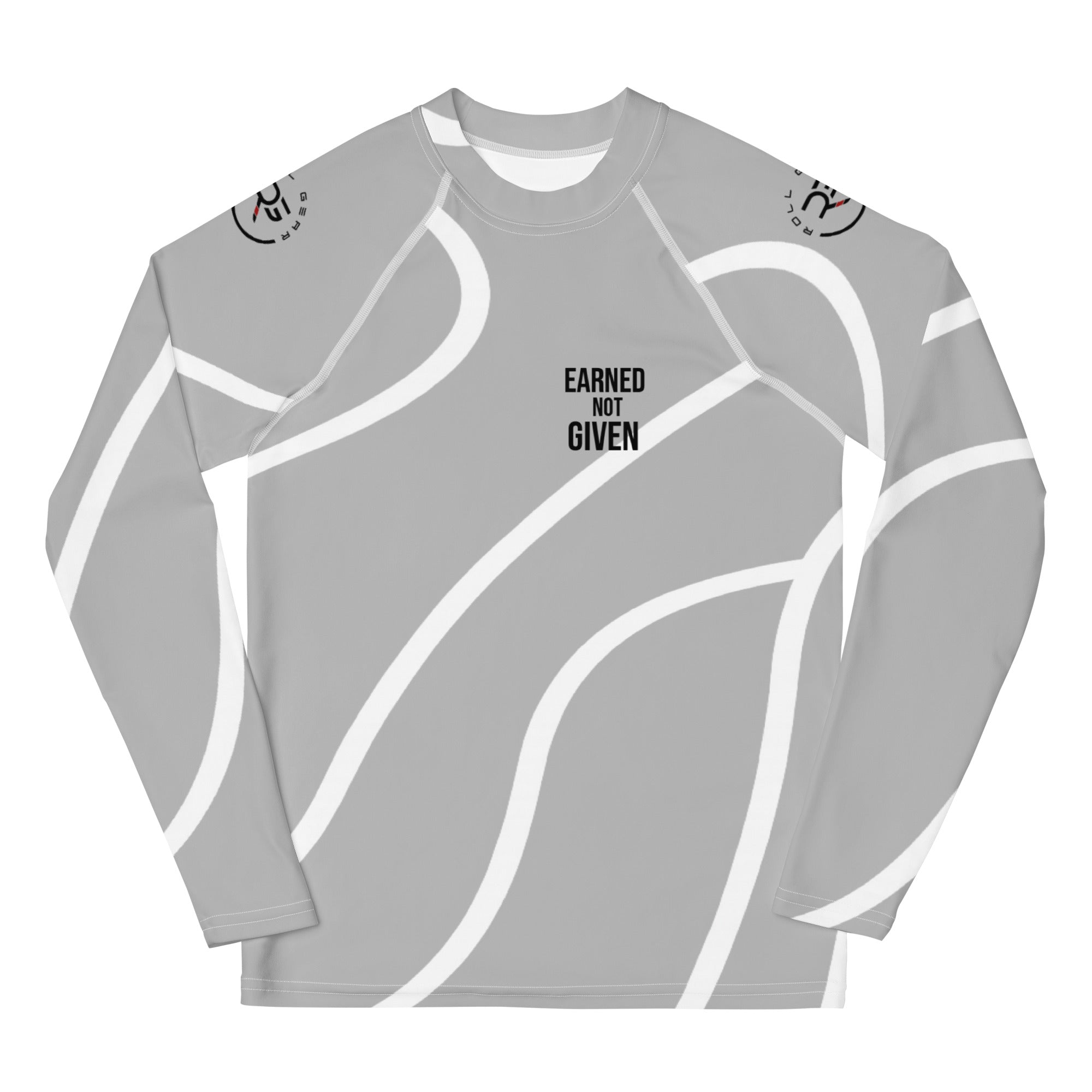 Roll Gear Grey Swirl Rash Guard – Grey/White – Youth, front view, all-over print.