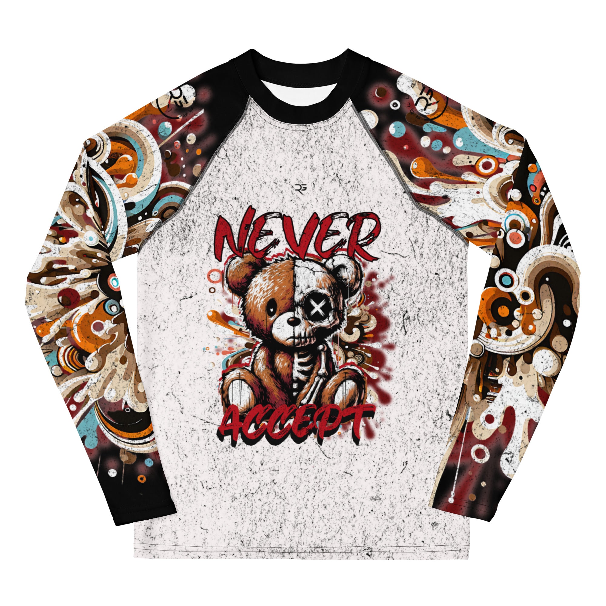 Roll Gear Never Accept Rash Guard – Black – Youth, front view, all-over print.