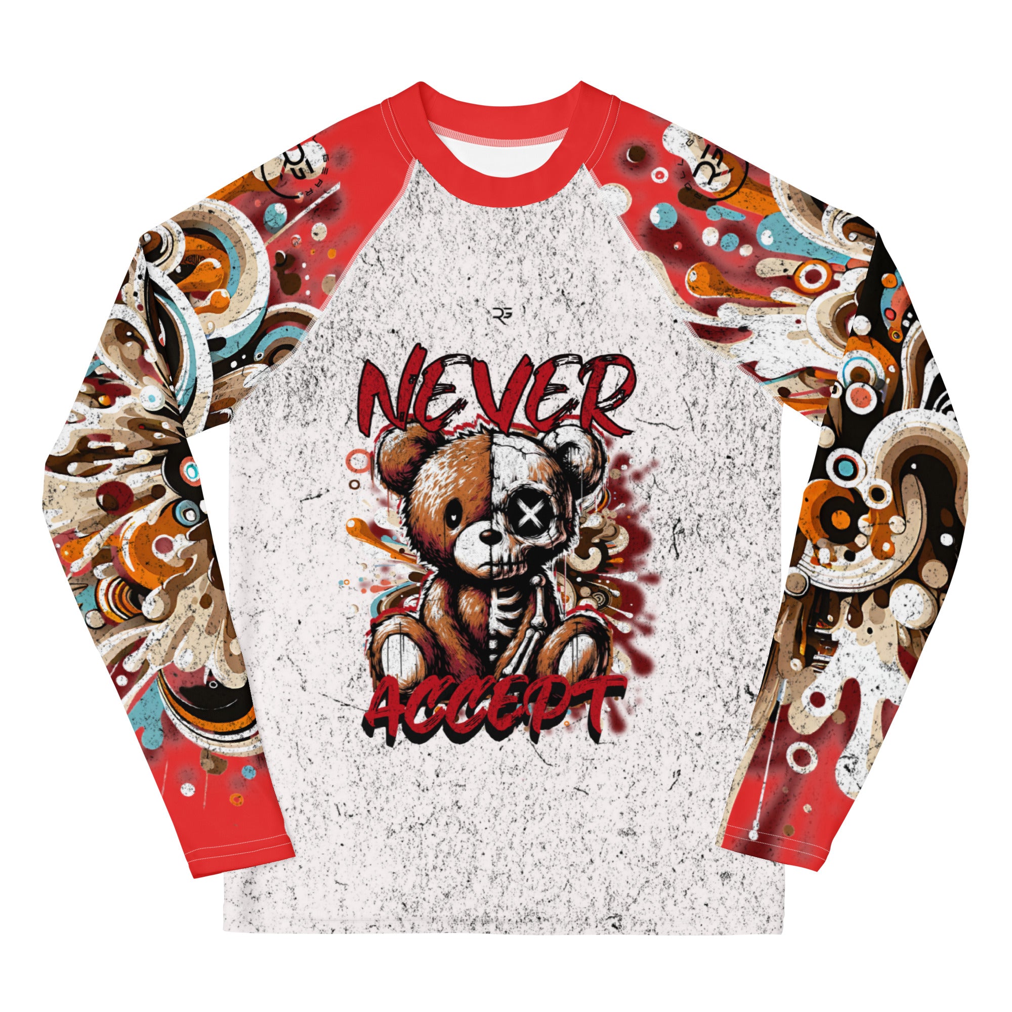 Roll Gear Never Accept Rash Guard - Red, Youth, front view.