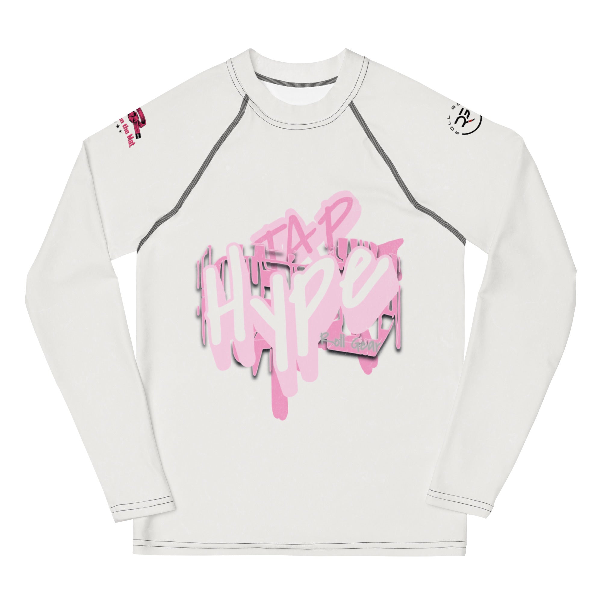 Roll Gear Tap Hype Girls on the Mat Rash Guard – Light Pink/White – Youth Long Sleeve, front view, all-over print.