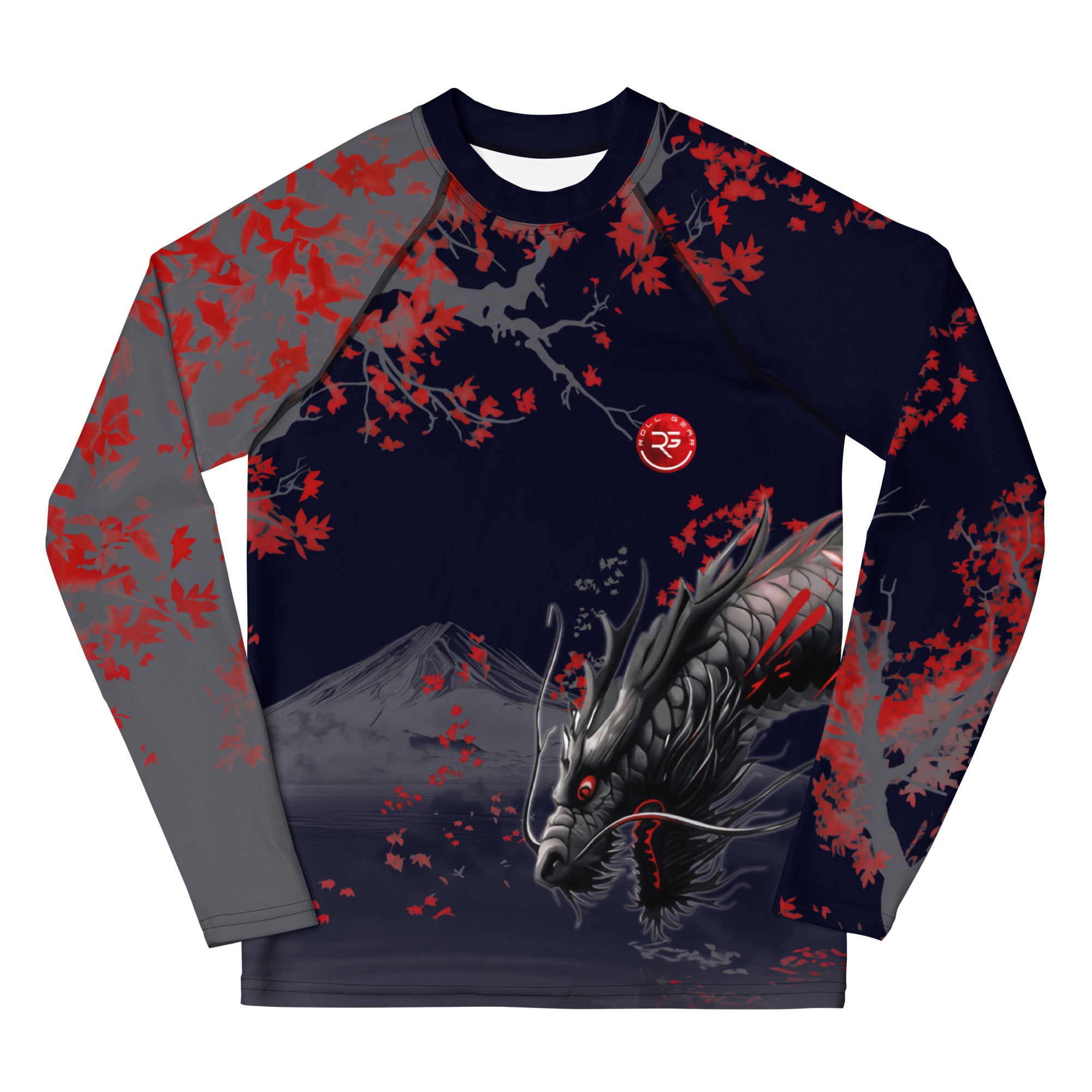 Roll Gear Shadow Dragon Warrior Rash Guard – Dark Navy & Crimson – Youth Long Sleeve, front view, all-over print.