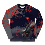 Roll Gear Shadow Dragon Warrior youth LS rash guard in dark navy & crimson — BJJ compression, dragon print, front.