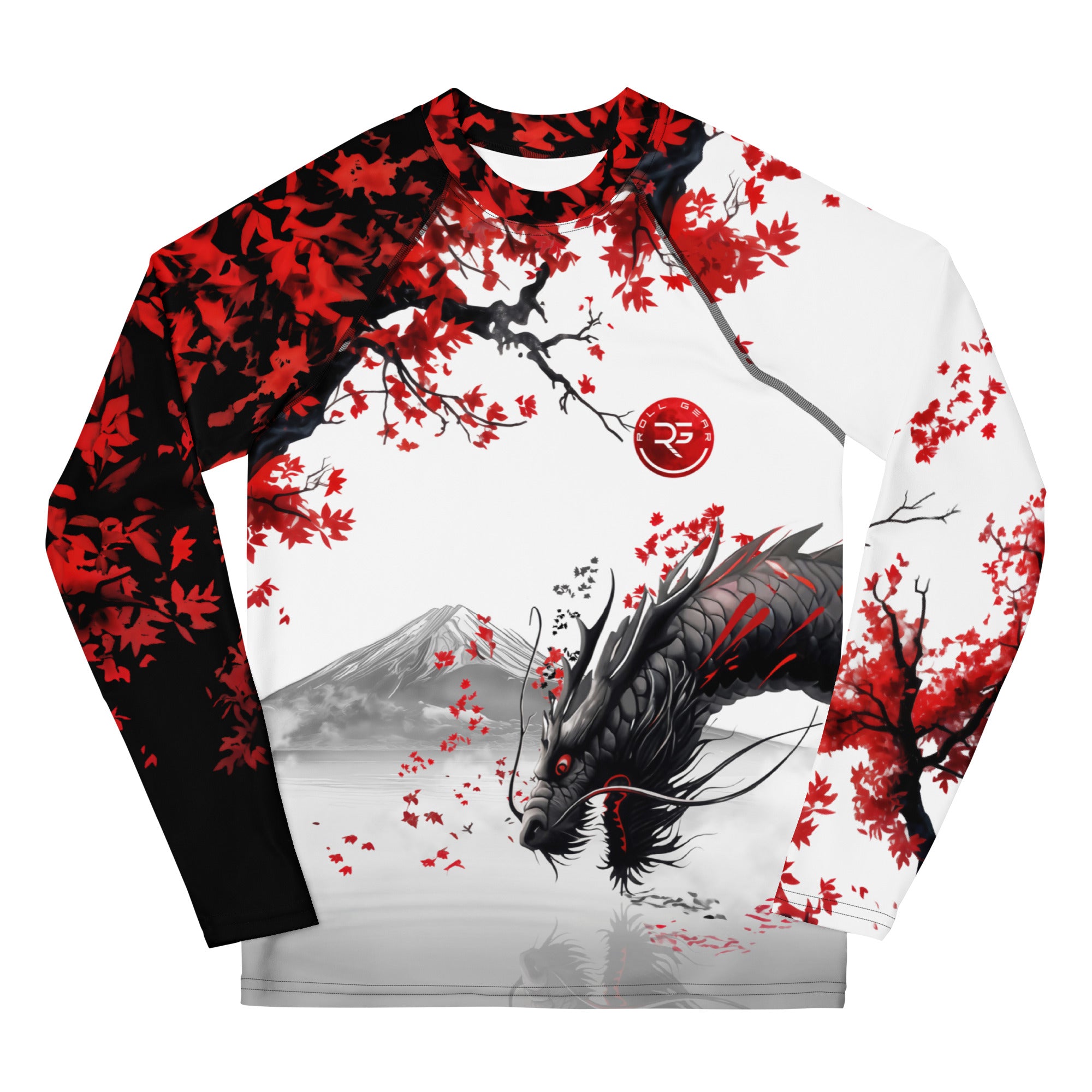 Roll Gear Shadow Dragon Warrior Rash Guard – White & Crimson – Youth Long Sleeve, front view, all-over print.