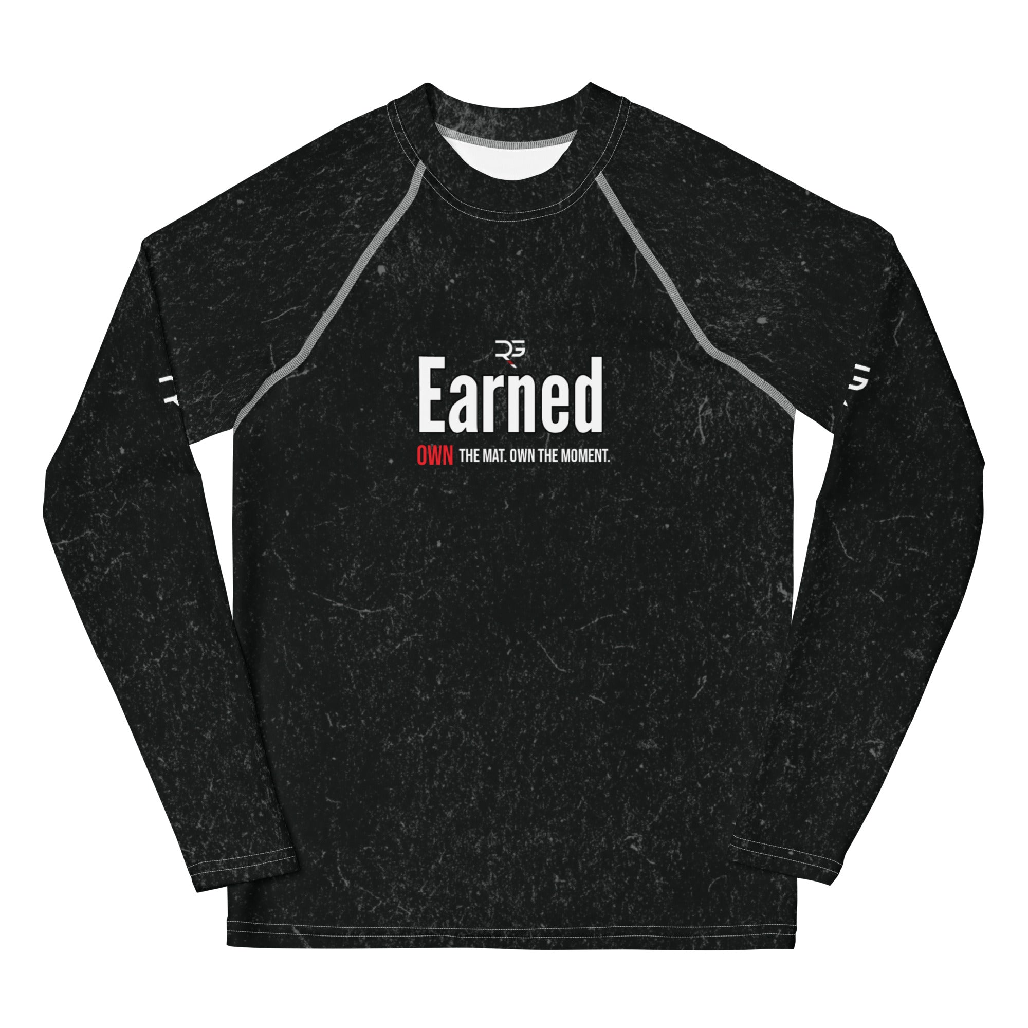 Black long-sleeve shirt with 'Earned' logo and text on a white background