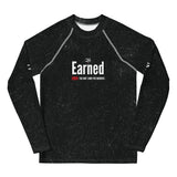 Black long-sleeve shirt with 'Earned' logo and text on a white background