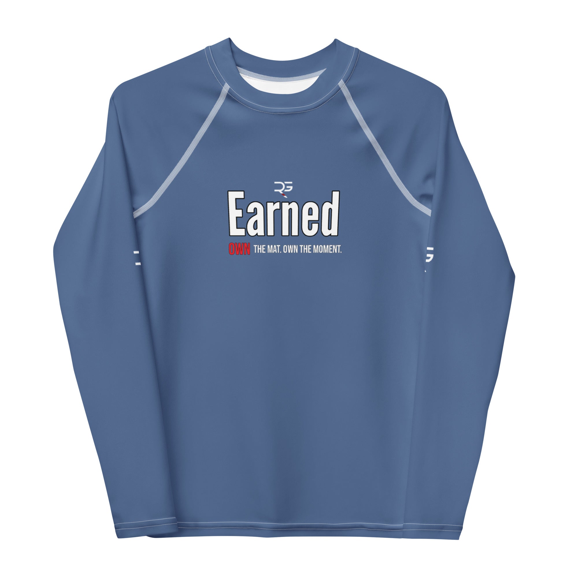 Blue long-sleeve shirt with 'Earned' text and logo on a white background