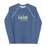 Blue long-sleeve shirt with 'Earned' text and logo on a white background