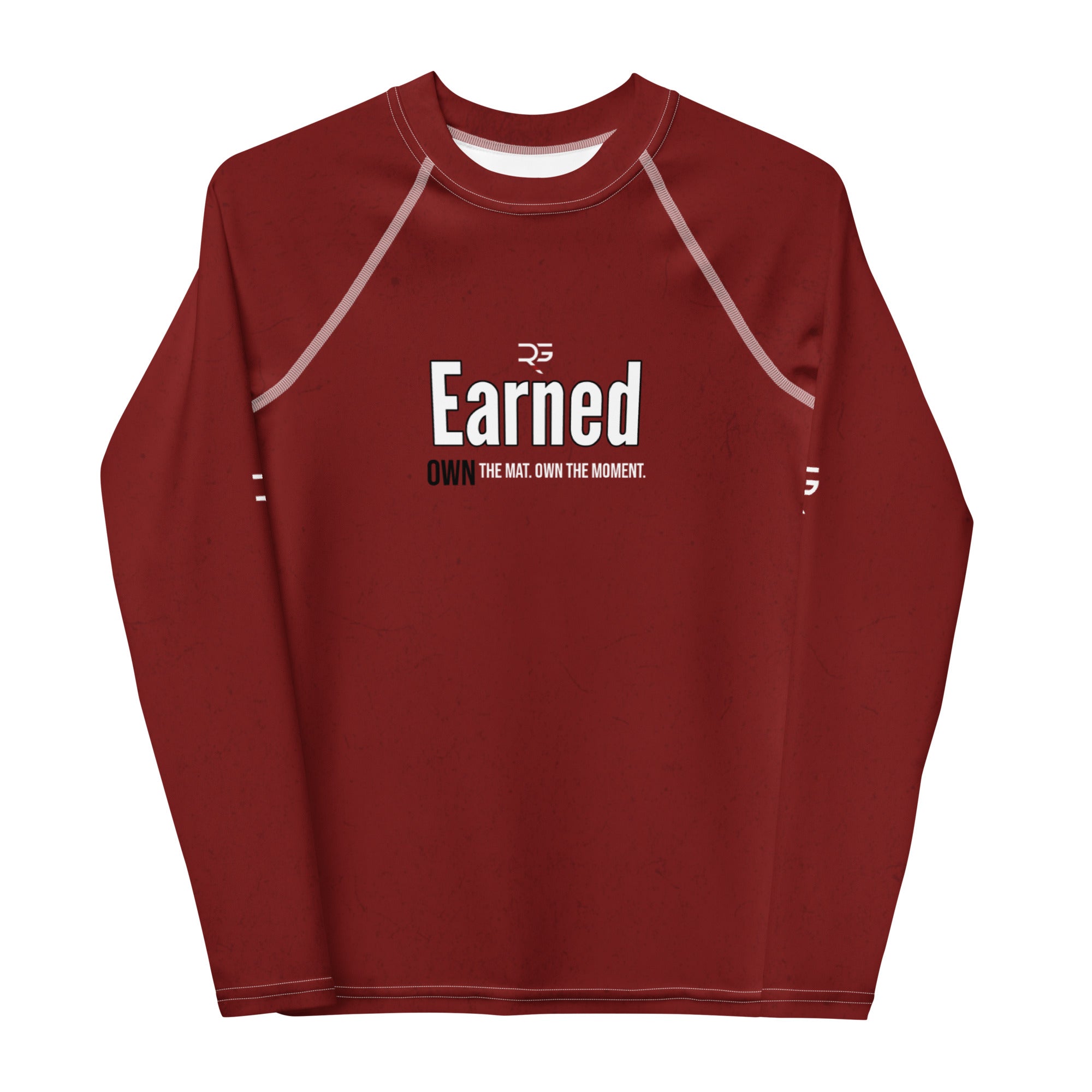 Roll Gear Earned Not Given Long Sleeve Rash Guard – Deep Red – Youth, front view, all-over print.