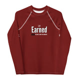 Roll Gear Earned Not Given Long Sleeve Rash Guard - Deep Red - Youth, front view.