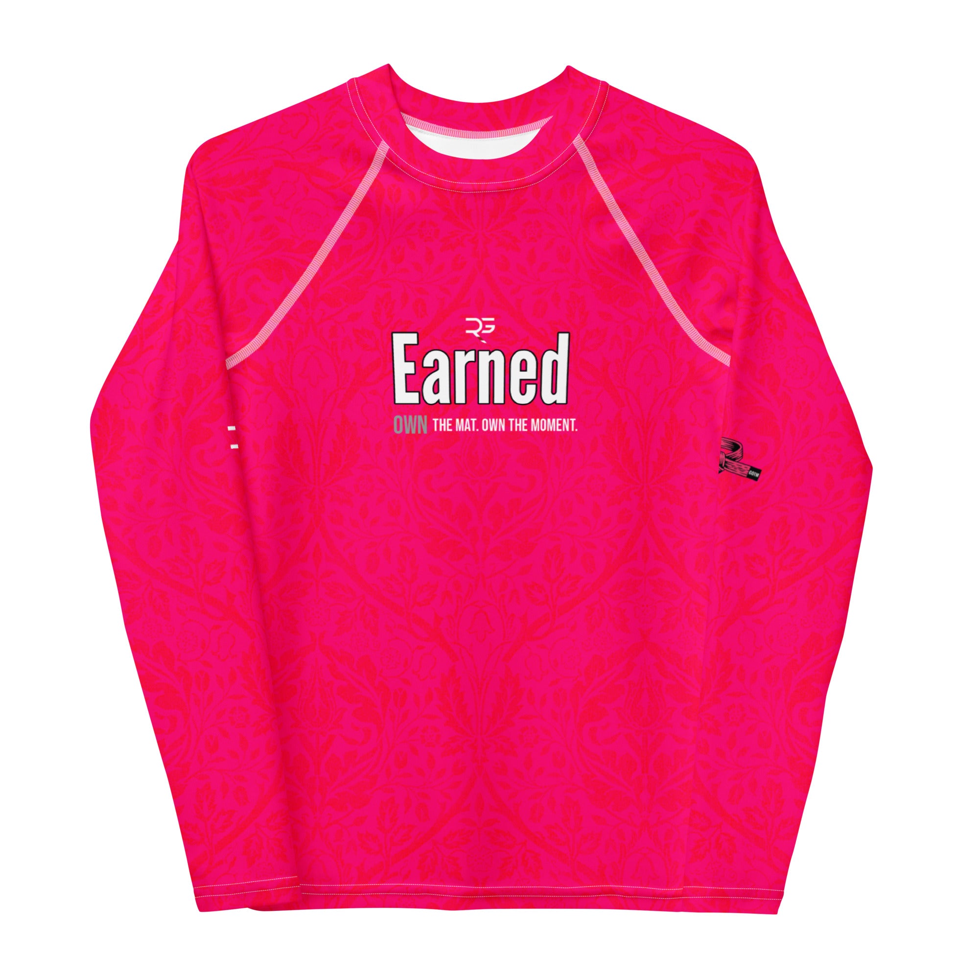 Roll Gear Earned Not Given Youth Long Sleeve Rash Guard - Pink, front view.