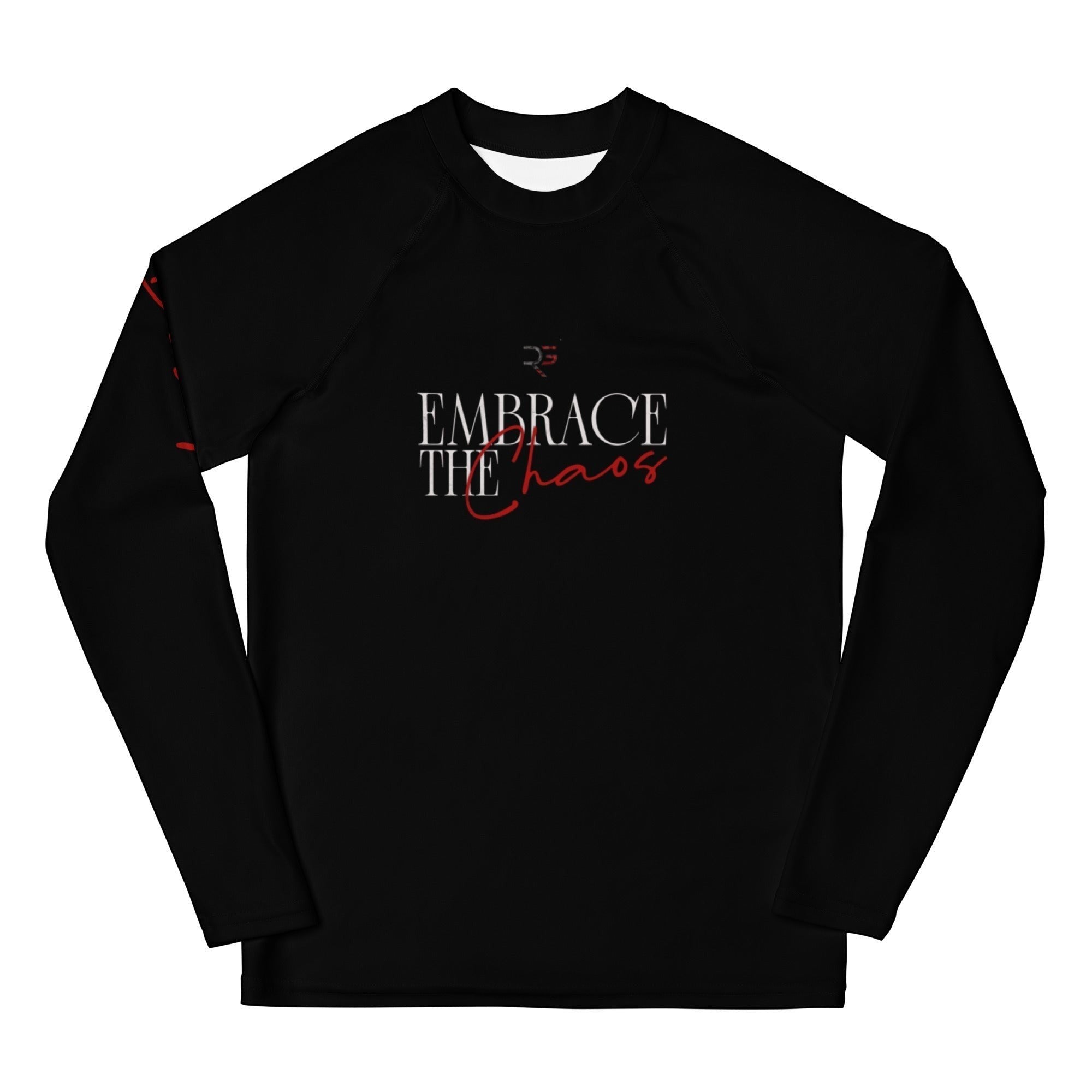 Black long-sleeve shirt with 'Embrace the Chaos' text on a white background