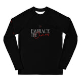 Black long-sleeve shirt with 'Embrace the Chaos' text on a white background