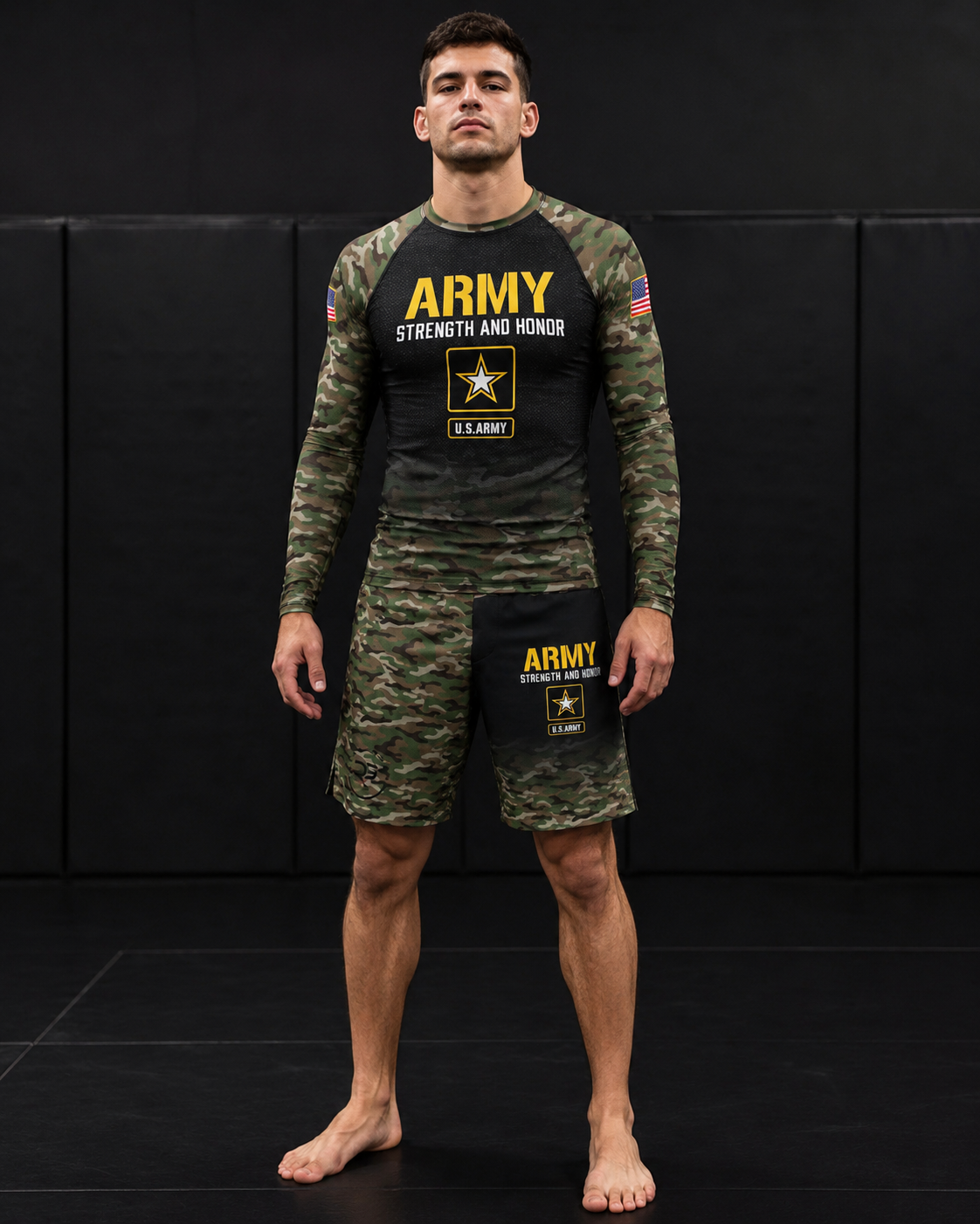 Roll Gear Men's Army Classic Long Sleeve Rash Guard, worn with matching camo shorts, front view.