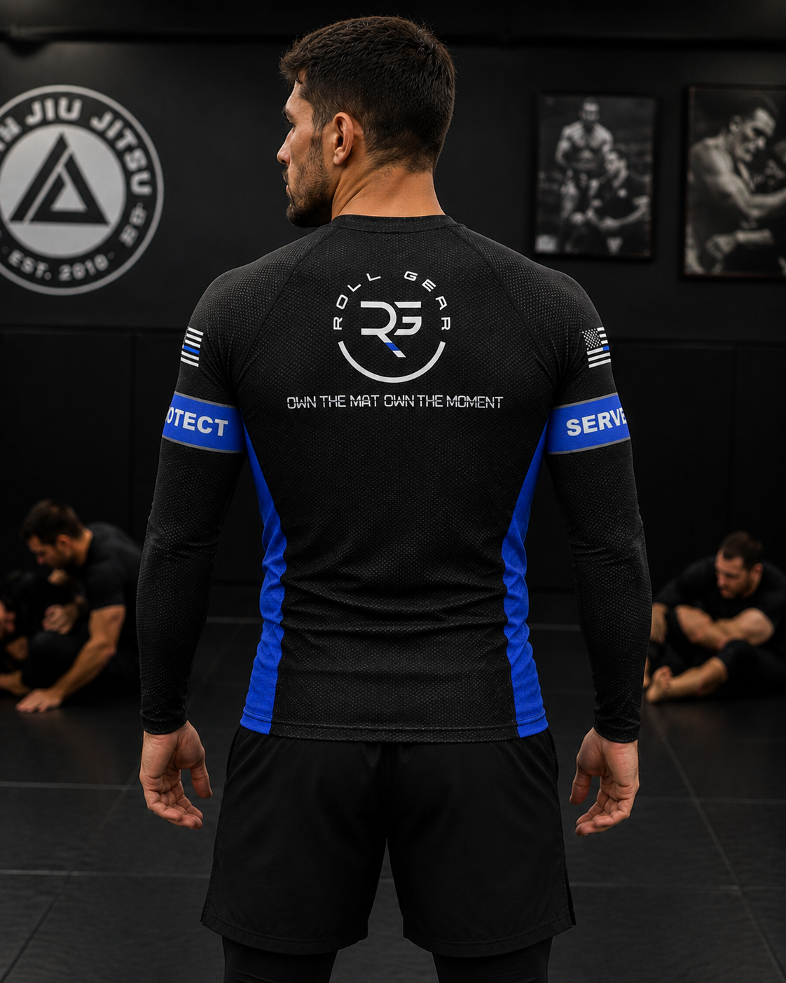 Roll Gear Men's Police Edition Rash Guard - Long Sleeve Thin Blue Line, back view.