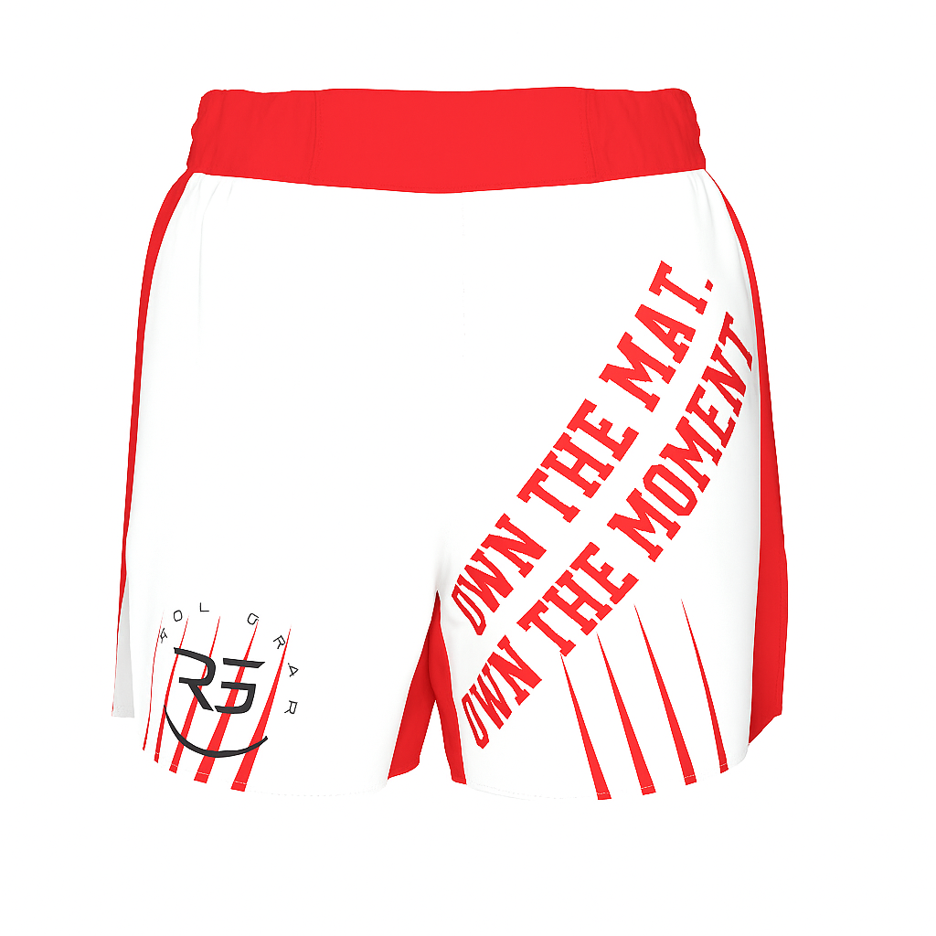 Roll Gear Own the Mat BJJ Fight Shorts – Red & White, flat front view, Own the Mat graphic.