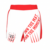 Roll Gear Own the Mat BJJ Fight Shorts – Red & White, flat front view, Own the Mat graphic.