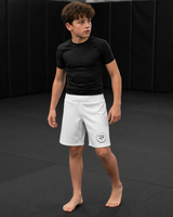 Roll Gear Youth All-White BJJ Grappling Shorts, product view.
