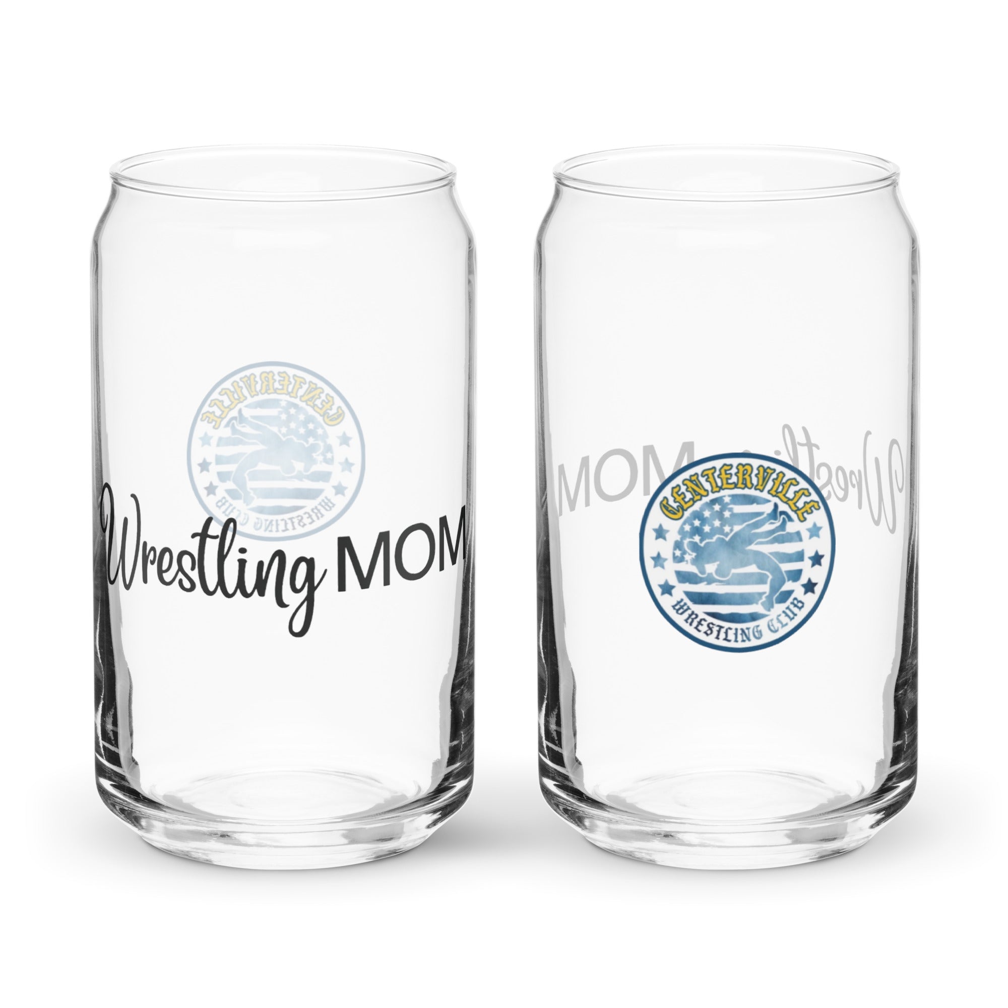 Centerville Wrestling 16 oz Glass Cup with Straw, front view.