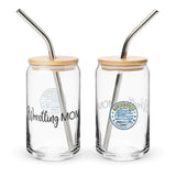 Centerville Wrestling 16 oz Glass Cup with Straw, front view, with lid and straw.