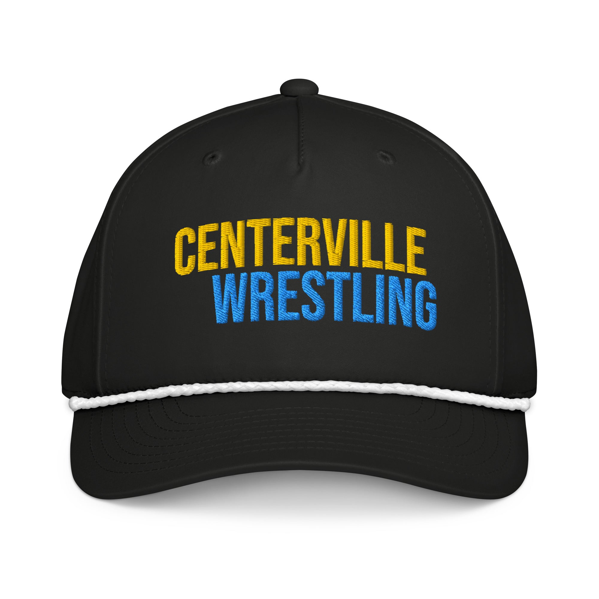 Centerville Wrestling Embroidered Rope Hat, Black/White, front view.
