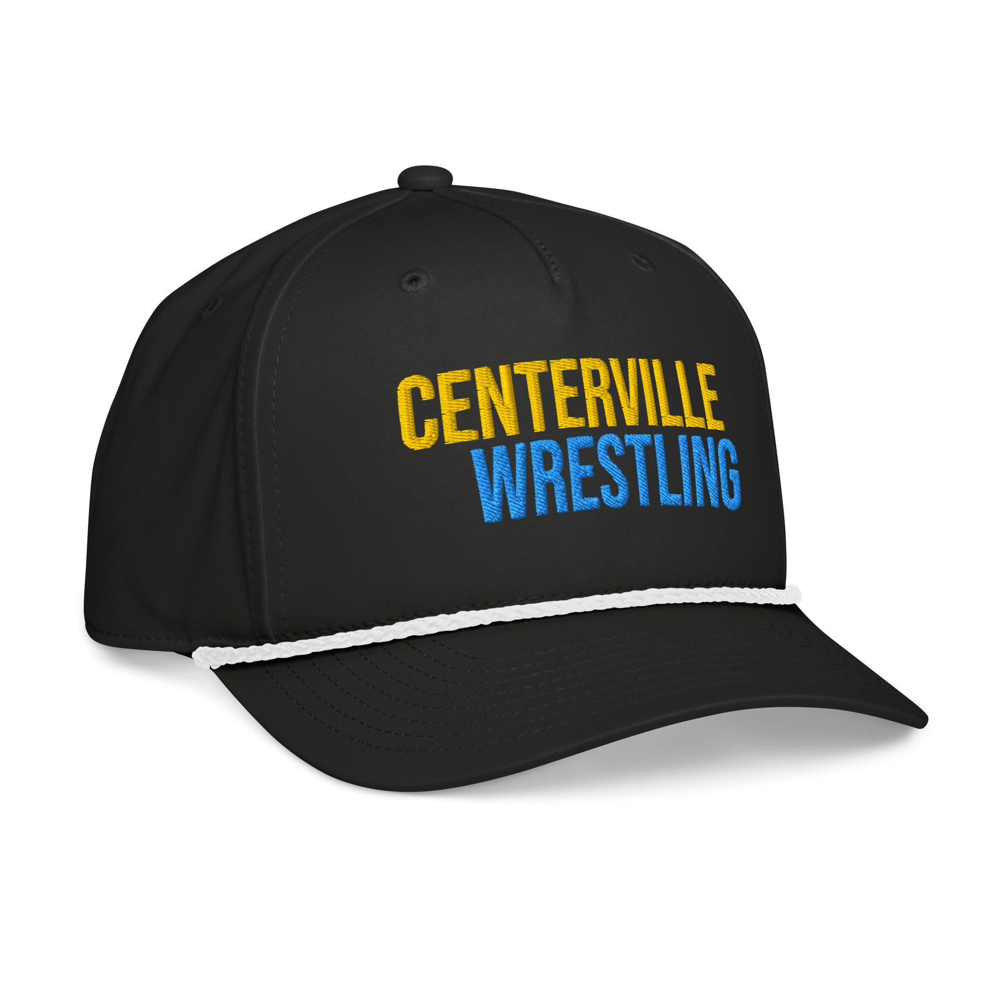 Centerville Wrestling Embroidered Rope Hat, Black/White, right-front view.