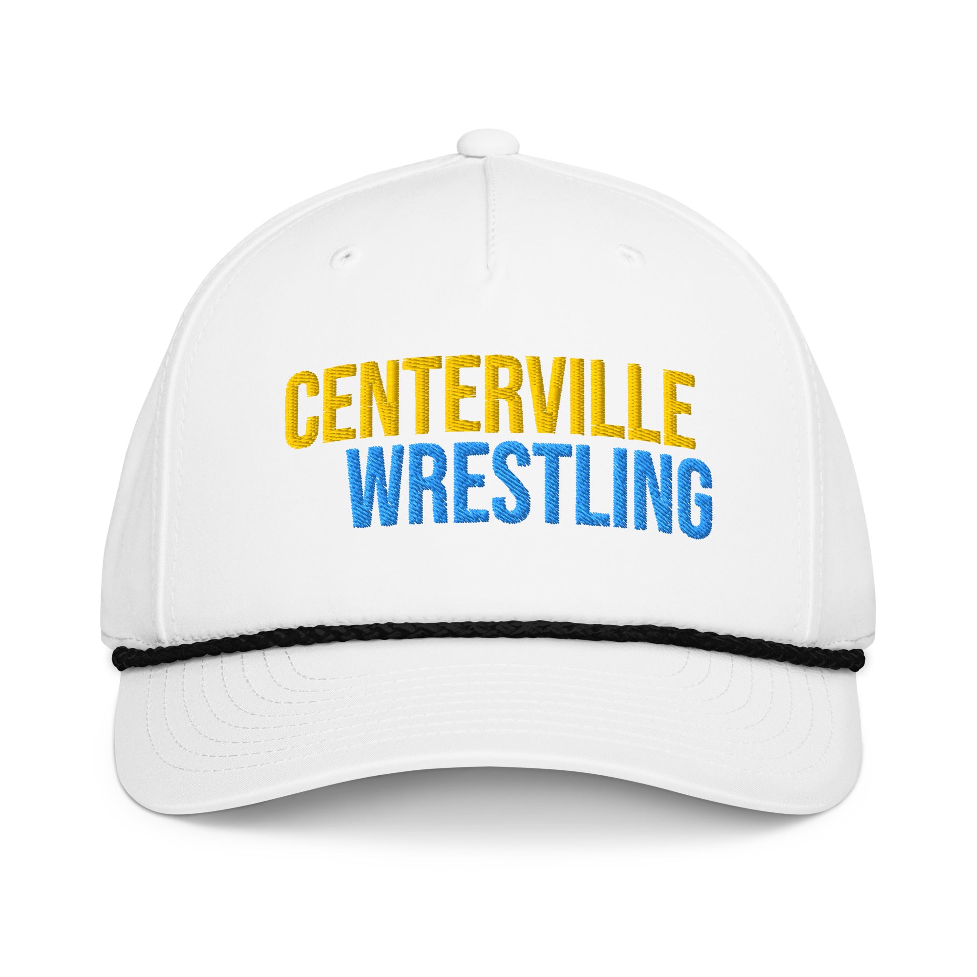Centerville Wrestling Embroidered Rope Hat, White/Black, front view.