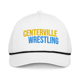 Centerville Wrestling Embroidered Rope Hat, White/Black, front view.