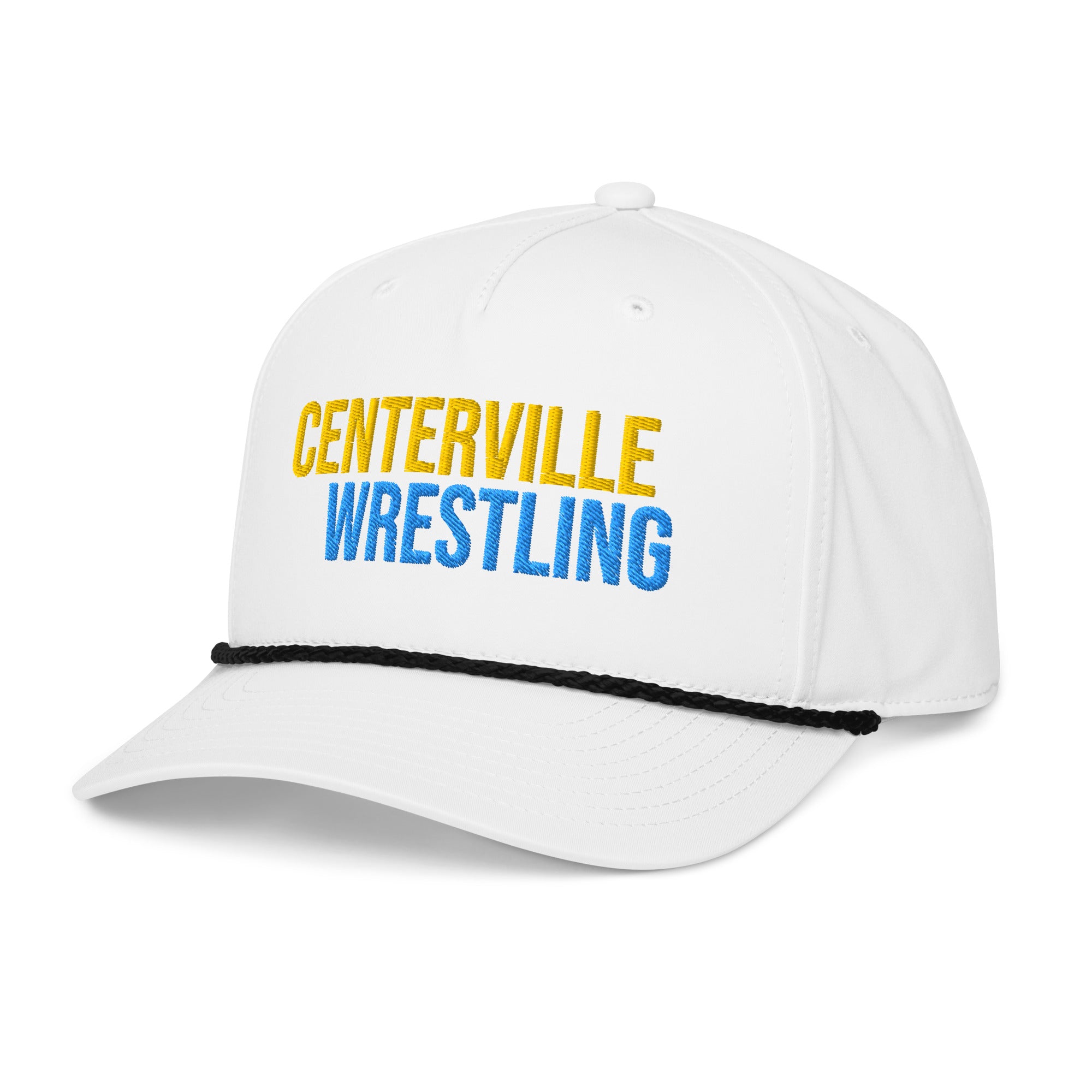 Centerville Wrestling Embroidered Rope Hat, White/Black, left-front view.