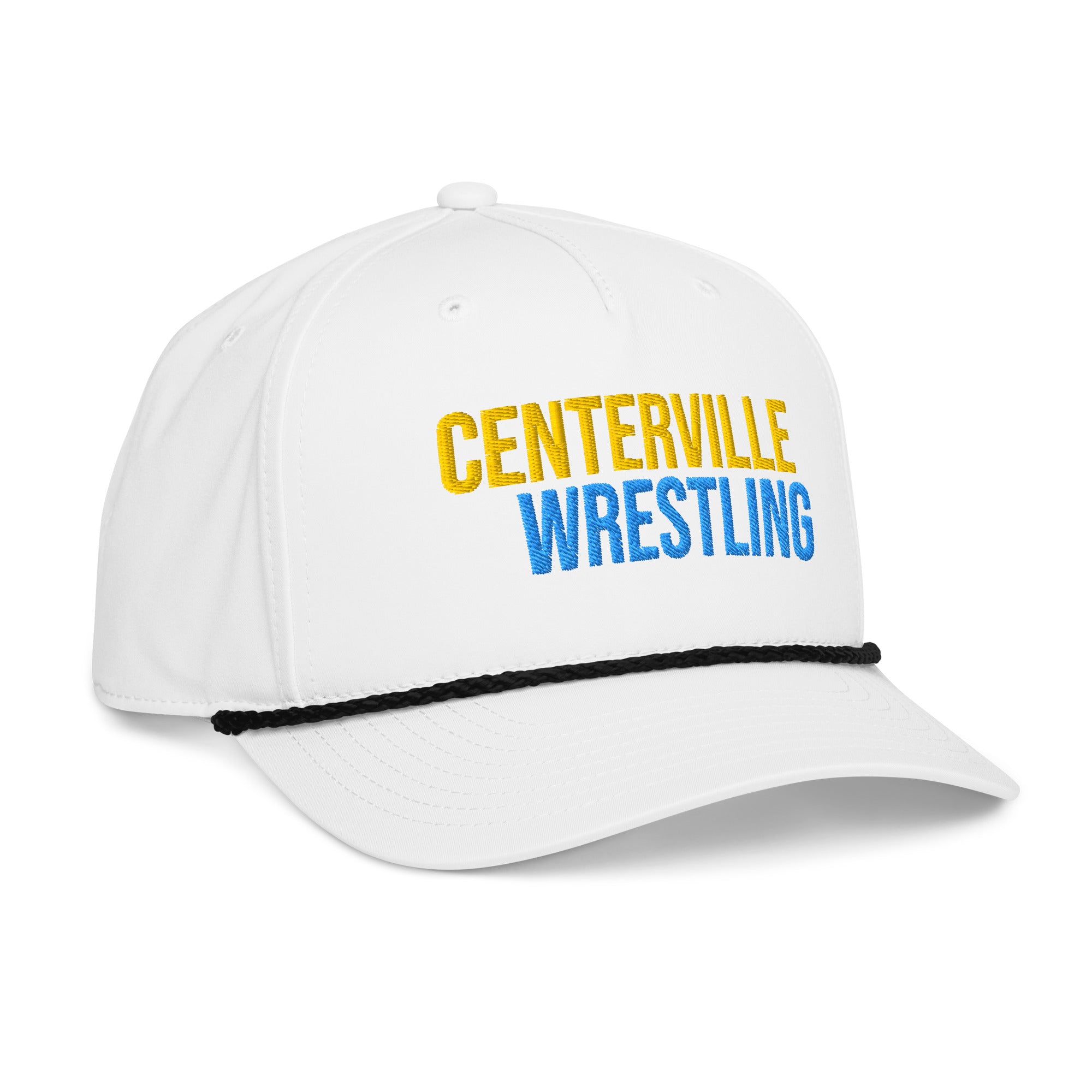Centerville Wrestling Embroidered Rope Hat, White/Black, right-front view.