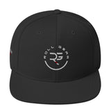 Roll Gear black snapback hat – front view, structured 6-panel with flat brim and embroidered RG logo