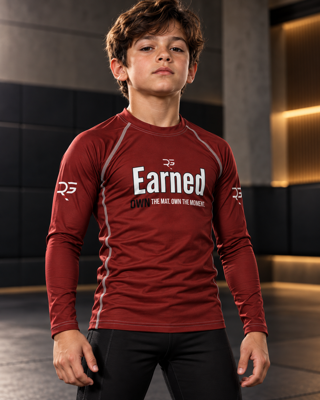 Roll Gear Earned Not Given Long Sleeve Rash Guard – Deep Red – Youth, boy close-up, front view, Earned chest print.