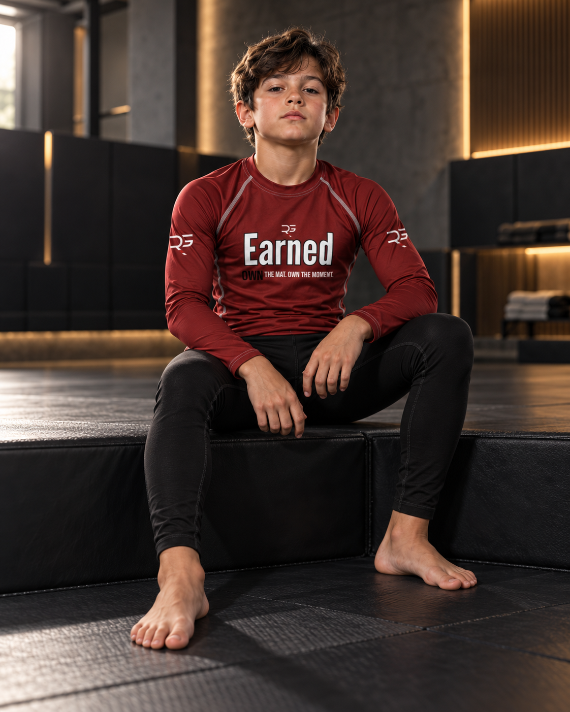 Roll Gear Earned Not Given Long Sleeve Rash Guard – Deep Red – Youth, boy seated on a mat-side bench.