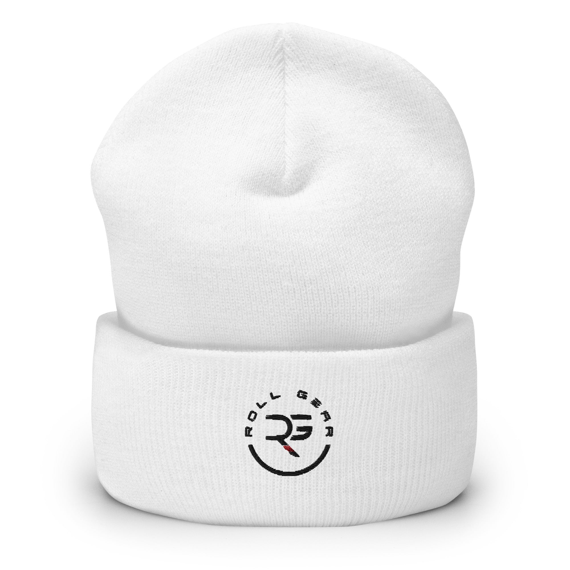 Roll Gear Cuffed Beanie - White, front view.