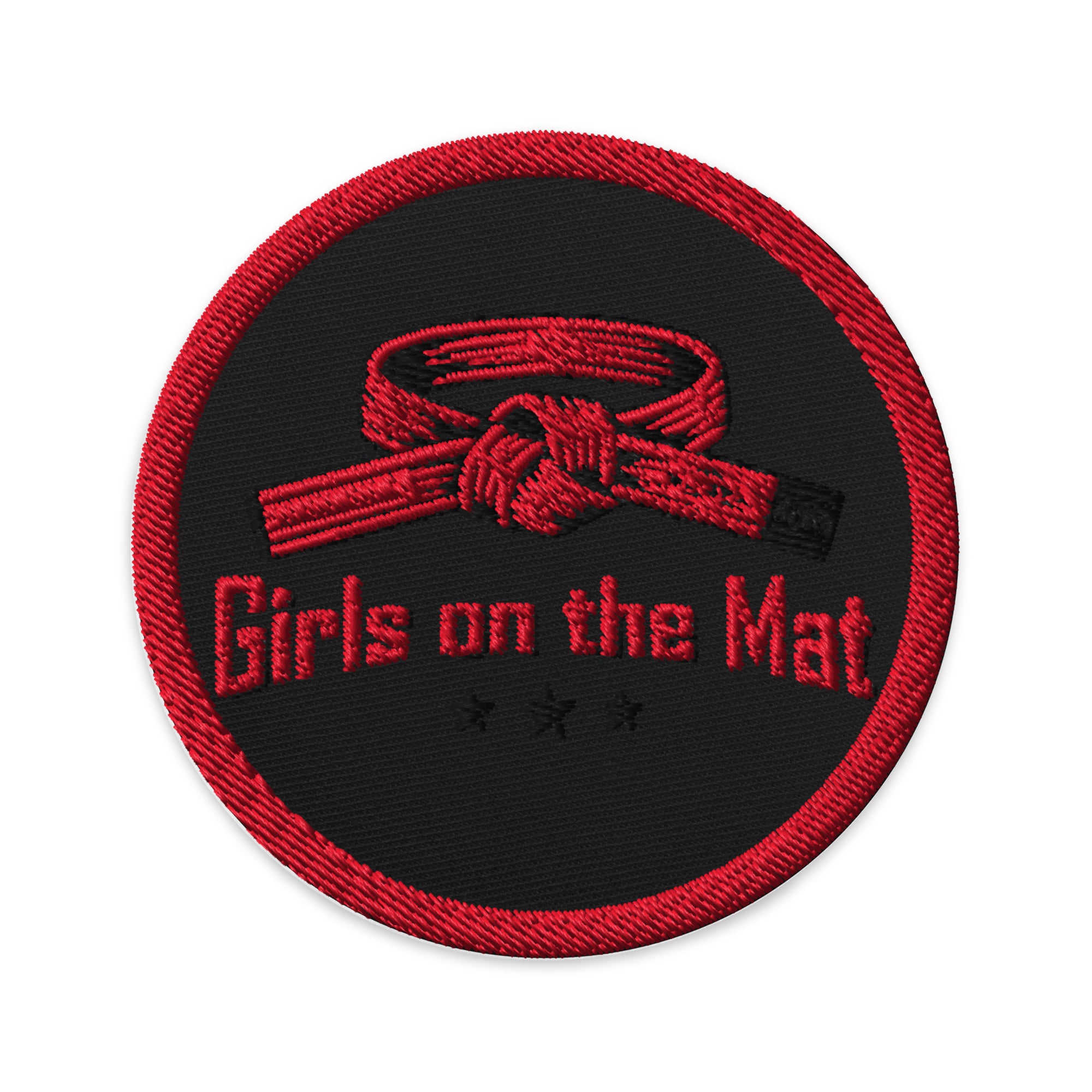 Roll Gear Girls on the Mat Embroidered Patch, black circular, front view.