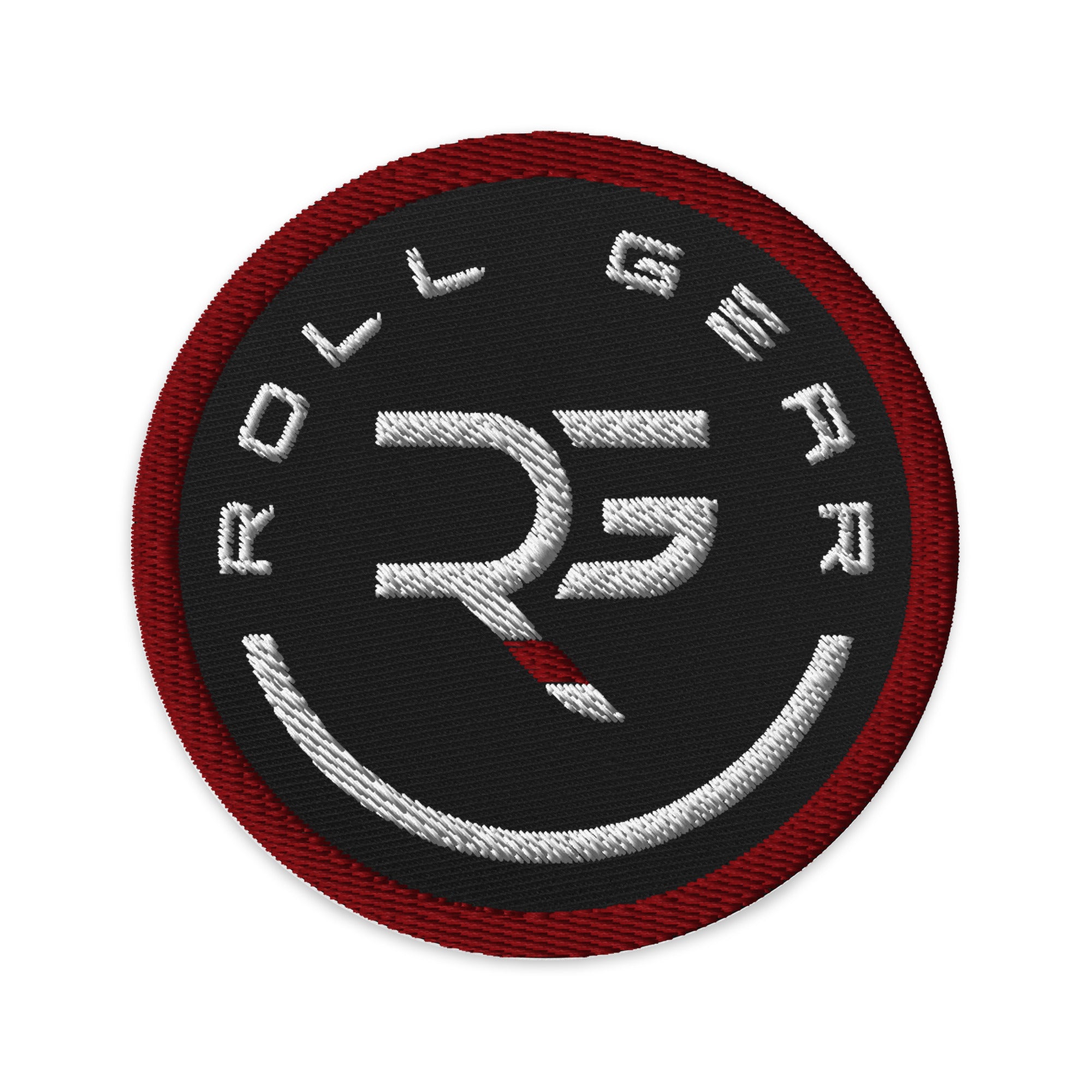Roll Gear Embroidered Patch - Round, Black & White - BJJ Gear Accessory, front view.