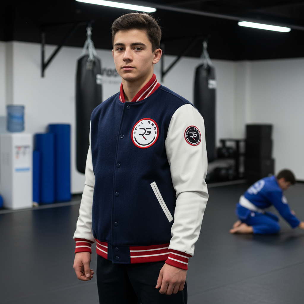 Roll Gear Embroidered Patch – 3" Circular, teen in a varsity jacket wearing the patch in an academy.