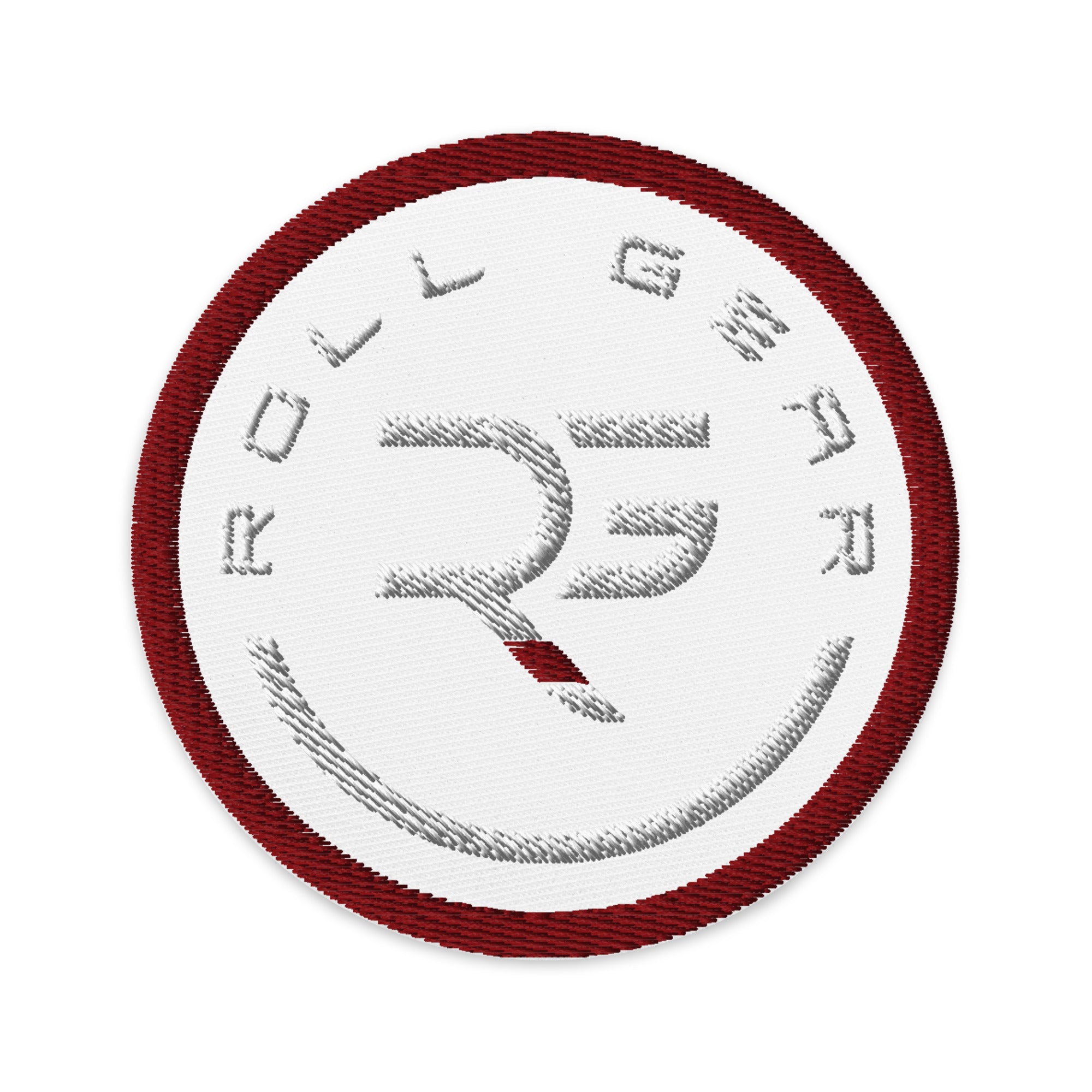 Roll Gear Embroidered Patch - Round, Black & White - BJJ Gear Accessory, front view.