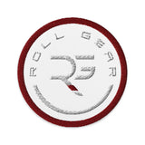Roll Gear Embroidered Patch - Round, Black & White - BJJ Gear Accessory, front view.