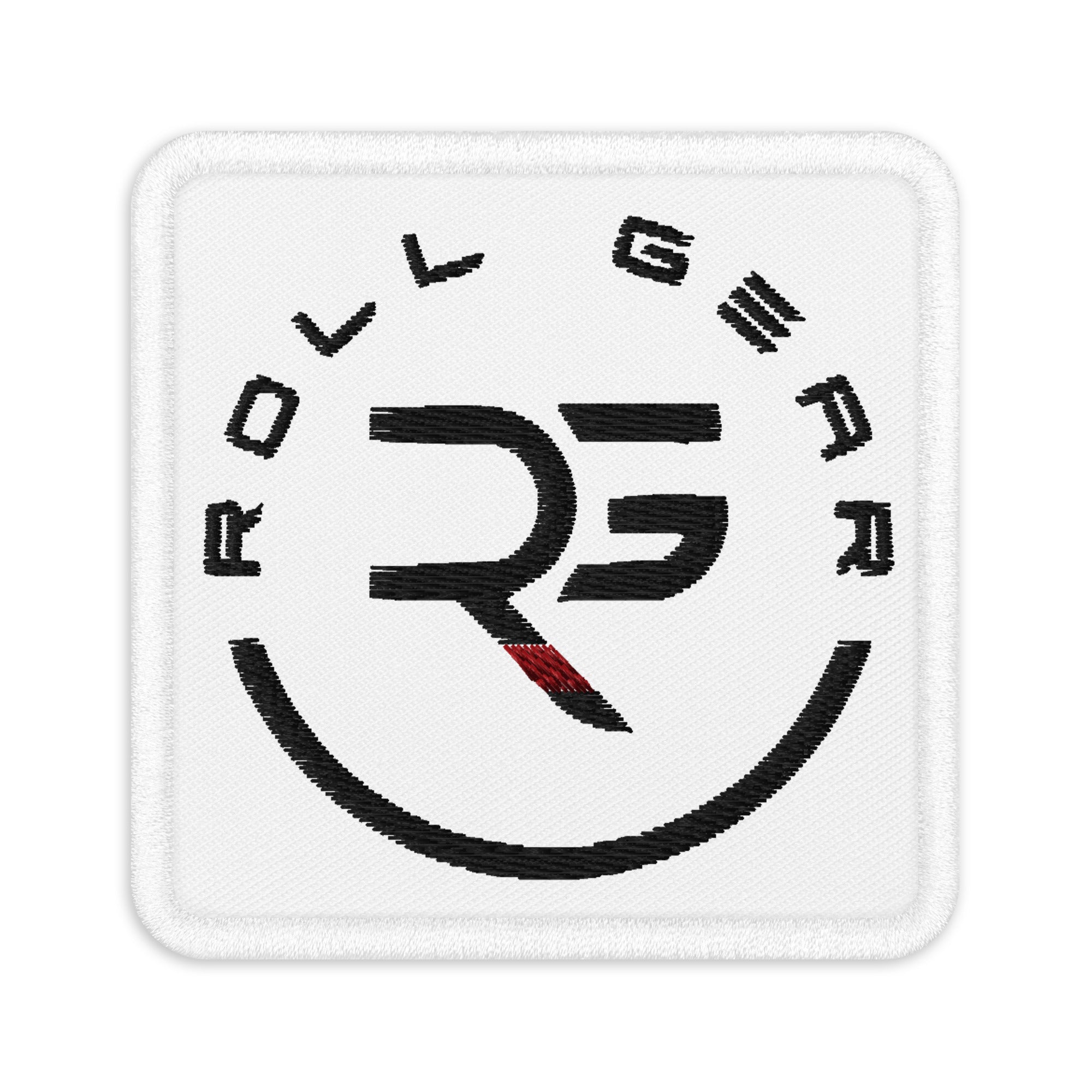Roll Gear Embroidered Patch – Square, White, White, front view.