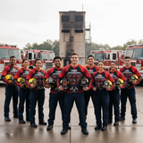 Roll Gear Men's Fire Department Edition Rash Guard, group photo of firefighters.