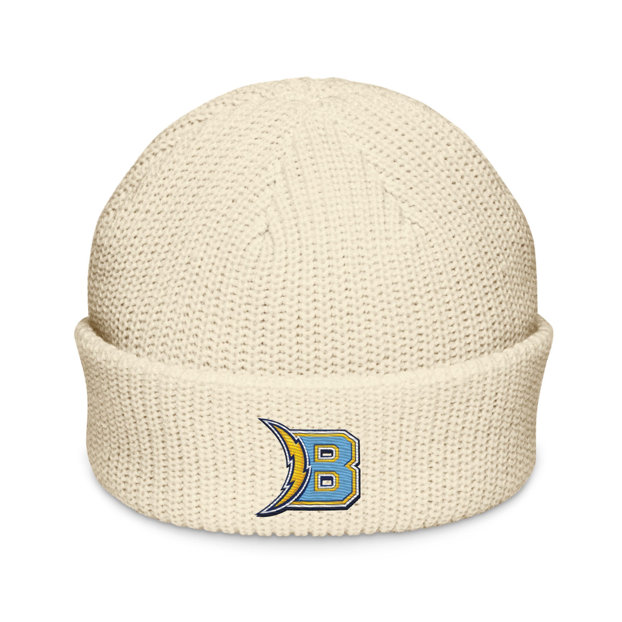 Brandon Grind Triple Logo Beanie by Roll Gear, Ecru, front view.
