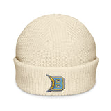 Brandon Grind Triple Logo Beanie by Roll Gear, Ecru, front view.