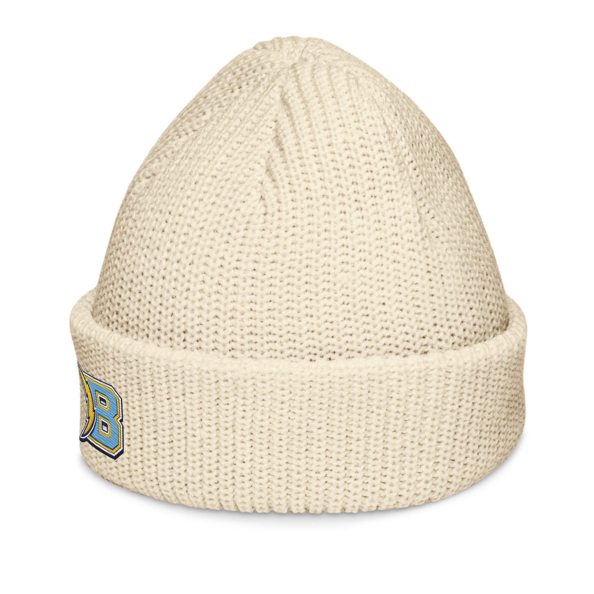 Brandon Grind Triple Logo Beanie by Roll Gear, Ecru, left side view.